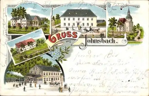 Litho Johnsbach Glashütte im Osterzgebirge, Gasthof, Schule, Pfarre, Kirche