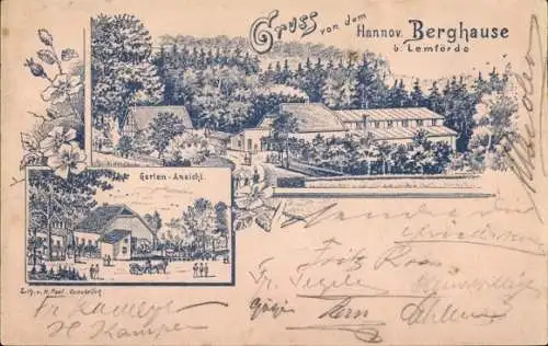 Litho Lemförde in Niedersachsen, Hannov. Berghaus, Gartenansicht