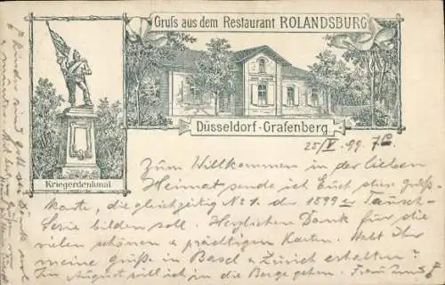 Litho Grafenberg Düsseldorf am Rhein, Restaurant Rolandsburg, Kriegerdenkmal