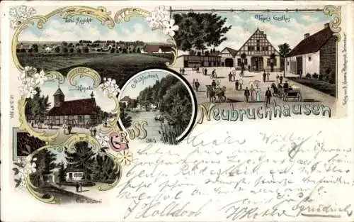 Litho Neubruchhausen Bassum in Niedersachsen, Tepes Gasthof, Mühlenteich, Kapelle