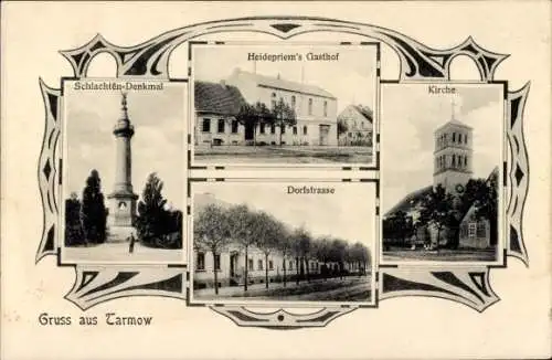 Ak Tarmow Fehrbellin in Brandenburg, Gasthof, Kirche, Schlachtendenkmal, Dorfstraße