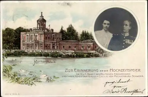 Litho Potsdam in Brandenburg, Marmorpalais, Kronprinzenpaar, Erinnerung an die Hochzeitsfeier