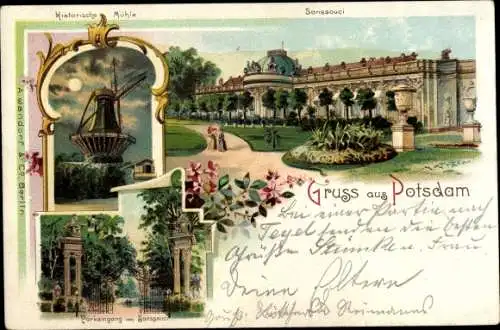 Mondschein Litho Potsdam in Brandenburg, Historische Mühle, Sanssouci, Parkeingang