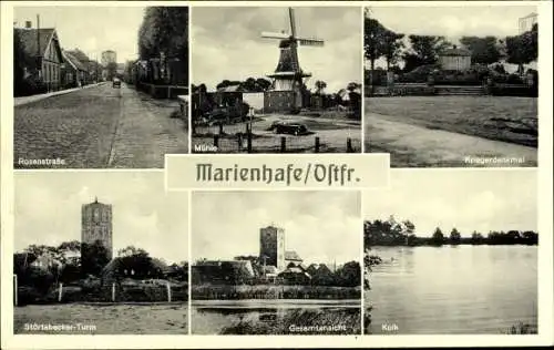 Ak Marienhafe Ostfriesland, Mühle, Kriegerdenkmal, Kolk, Rosenstraße, Störtebeckerturm