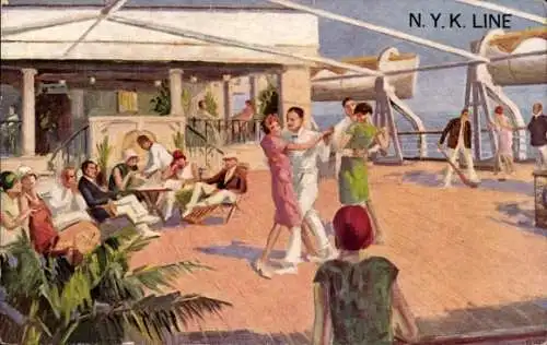 Ak Tanzende Menschen an Bord eines NYK Line Dampfschiffes