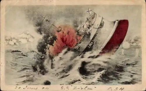 Ak Russisches Kriegsschiff zerstört von einem japanischen Kriegsschiff, Krieg, Schlachtszene
