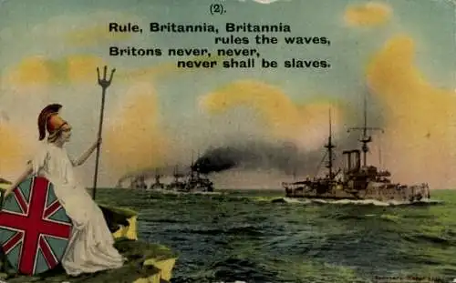 Ak Britische Kriegsschiffe, Britische Marine, Kriegerin mit Schutzschild und Dreizack