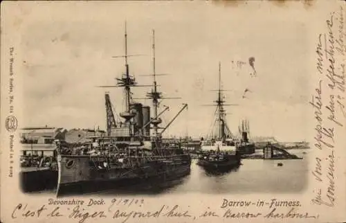 Ak Barrow in Furness Cumbria England, Britische Kriegsschiffe, Kriegshafen