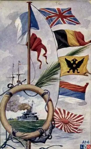 Ak Französisches Kriegsschiff, Fahnen der Alliierten