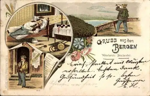 Litho Gruß aus den Bergen, Wetterbericht, Stets benebelt, Wanderer