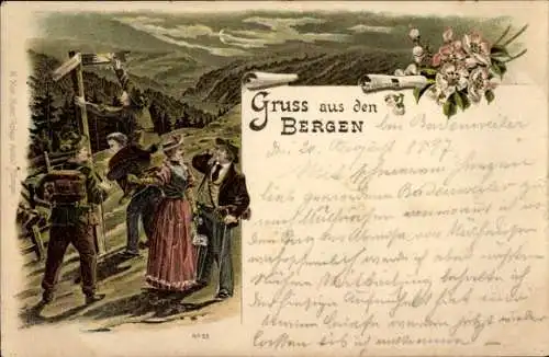 Litho Gruß aus den Bergen, Wetterbericht, Wegweiser, Wanderer