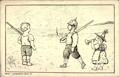 Künstler Ak Deutscher Junghelferbund, Kinder als Soldaten, Gewehr, Pickelhaube