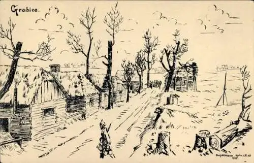 Künstler Ak Schellmann, Grabice Polen, Wohnhäuser, Soldat, Gefällter Baum