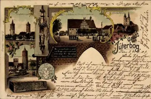 Litho Jüterbog in Brandenburg, Stadttürme, Zinnauer Tor, Tenzelkasten, Rathaus, Nicolaiturm