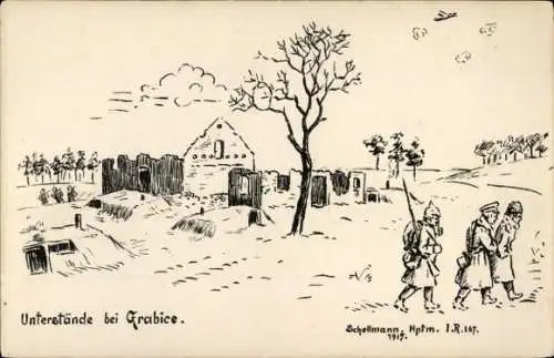 Künstler Ak Schellmann, Grabice Polen, Unterstände, Soldaten