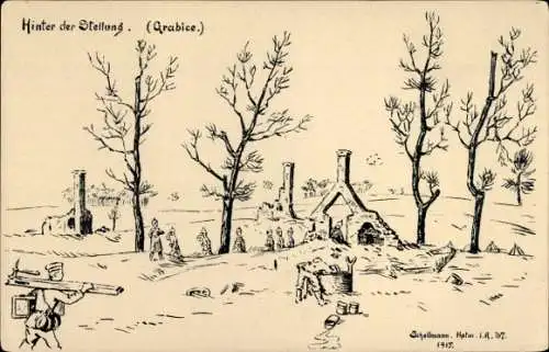 Künstler Ak Schellmann, Grabice Polen, Hinter der Stellung, Soldaten