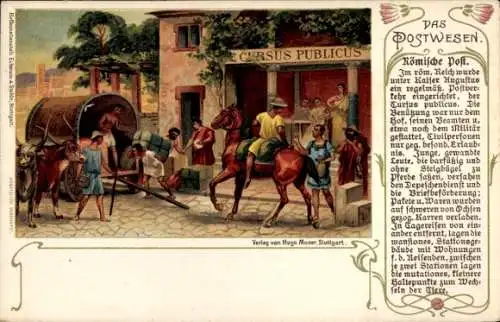 Litho Postwesen, Römische Post, Pakete, Fuhrwerk