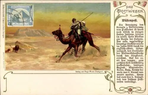 Litho Postwesen, Wüstenpost, Mann auf Kamel reitend