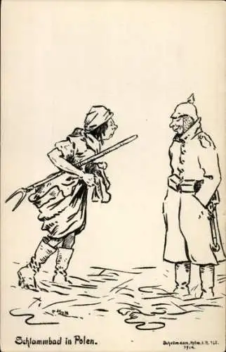 Künstler Ak Schellmann, Schlammbad in Polen, Deutscher Soldat