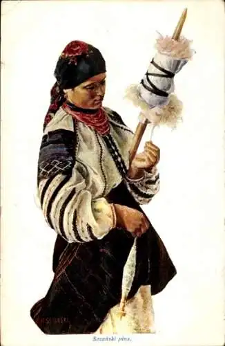 Künstler Ak Sozanski, Polin in Tracht, Spindel