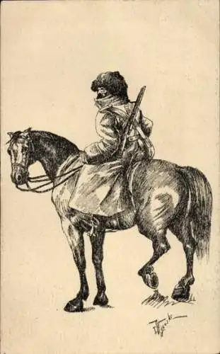 Künstler Ak Russland, Mann zu Pferde, Krieger, Gewehr