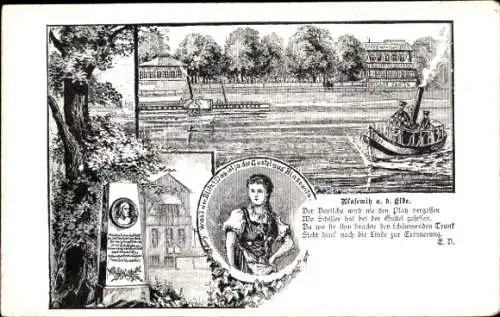 Litho Dresden Blasewitz, Denkmal, Dampfer, Frau in Tracht