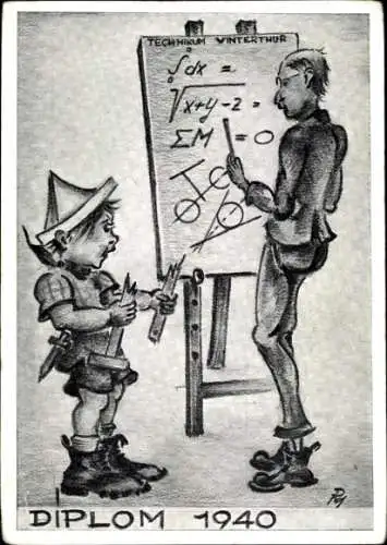Künstler Ak Winterthur Kt. Zürich Schweiz, Schüler, Mathematische Formeln, Technikum, Diplom 1940