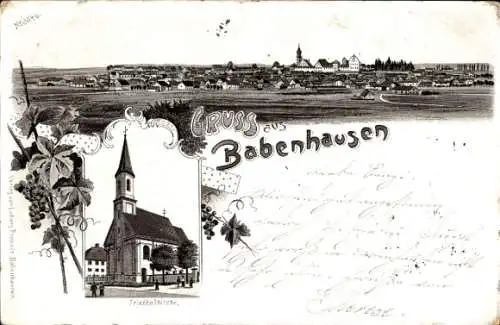 Litho Babenhausen Schwaben, Kirche, Totalansicht