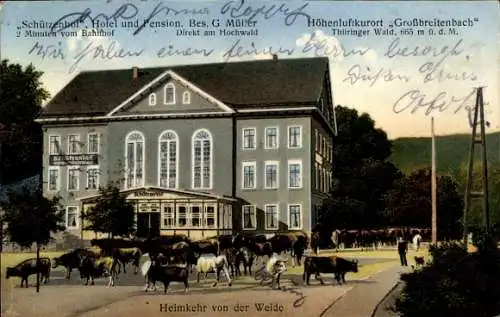 Ak Großbreitenbach in Thüringen, Hotel Schützenhof, Bes. G. Müller, Heimkehr von der Weide