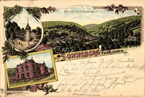 Litho Sonneberg in Thüringen, Pfarrhaus, Blick zum Schlossberg