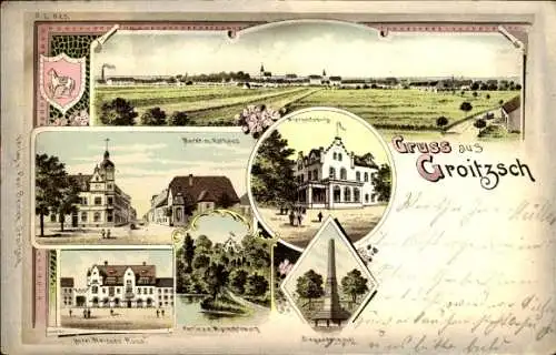 Litho Groitzsch in Sachsen, Siegesdenkmal, Hotel Weißes Ross, Markt, Rathaus