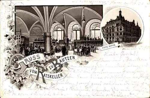 Vorläufer Litho Bautzen in der Oberlausitz, Gasthaus Ratskeller, Innenansicht, 1895