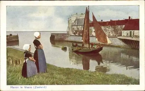 Ak Veere Zeeland Niederlande, Partie am Hafen, Mädchen in Trachten