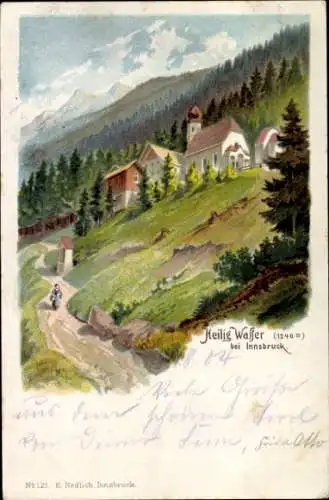 Litho Heilig Wasser Innsbruck in Tirol, Blick auf den Ort, Kirche