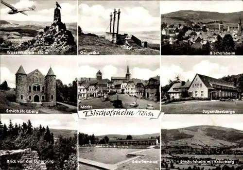 Ak Bischofsheim vor der Rhön Unterfranken, Markt, Schwimmbad, Jugendherberge, Schloss Holzberg