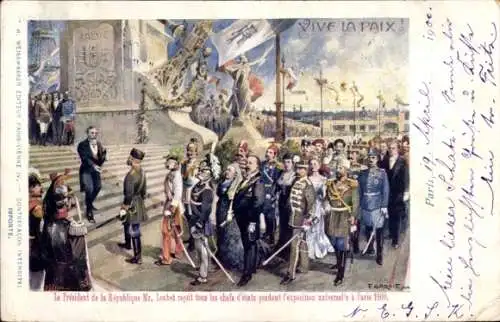 Künstler Ak Paris, Emile Loubet, Expo 1900, Landesherren Europas, Kaiser, Zaren, Könige