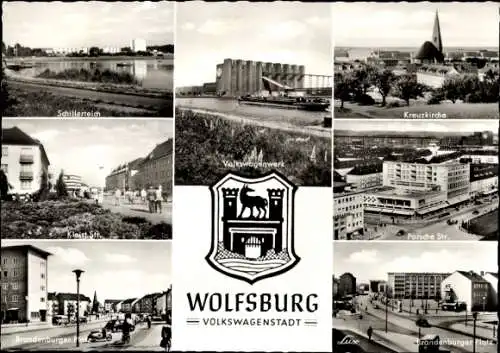 Ak Wolfsburg in Niedersachsen, Kreuzkirche, Wappen, Porsche Straße, Brandenburger Platz