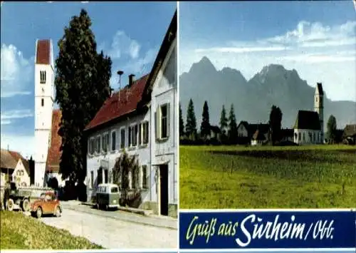 Ak Abtsdorf Saaldorf Surheim in Oberbayern, Teilansicht, Auto, Bus, Kirche, Panorama