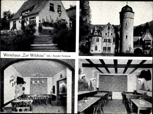 Ak Mespelbrunn in Unterfranken, Wirtshaus zur Wildsau, Inh. F. Tornow, Turm