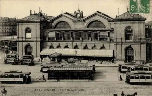 Ak Paris XV Vaugirard, La Gare Montparnasse, Straßenbahn