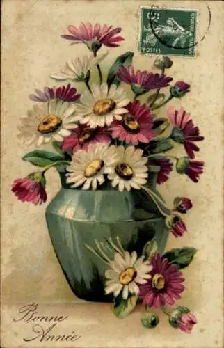 Präge Ak Glückwunsch Neujahr, Blumen, Blumenvase, Margeriten