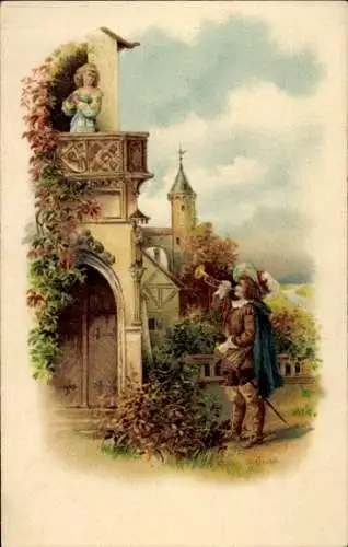 Präge Litho Liebespaar, Trompeter, Frau auf dem Balkon