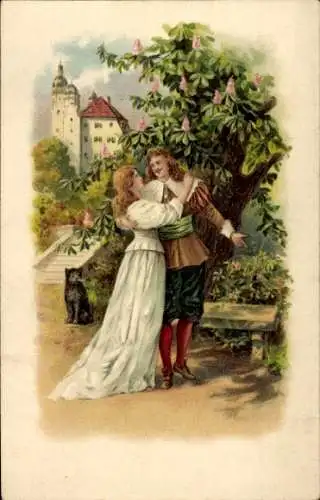 Präge Litho Liebespaar, Umarmung, Garten