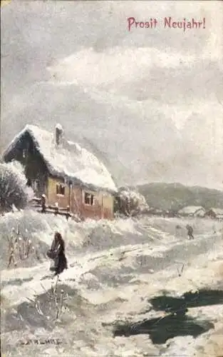 Künstler Ak Glückwunsch Neujahr, Wohnhaus, Schnee, Winter