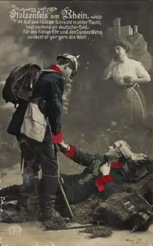 Ak Stolzenfels am Rhein, Verletzter Soldat, Soldatenliebe