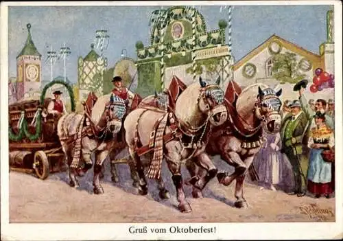 Ak München, Oktoberfest, Vierergespann, Bierwagen