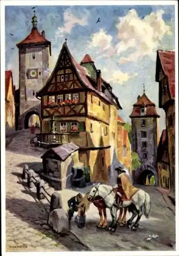 Ak Rothenburg ob der Tauber Mittelfranken, Fachwerkhaus, Stadttor, Pferde, Reiter