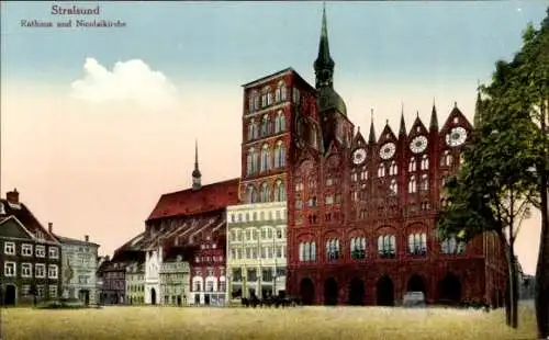 Ak Stralsund in Vorpommern, Rathaus und Nicolaikirche