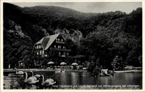 Ak Uftrungen im Harz, Höhle Heimkehle, Hotel Heimkehle, Höhleneingang, Schwäne
