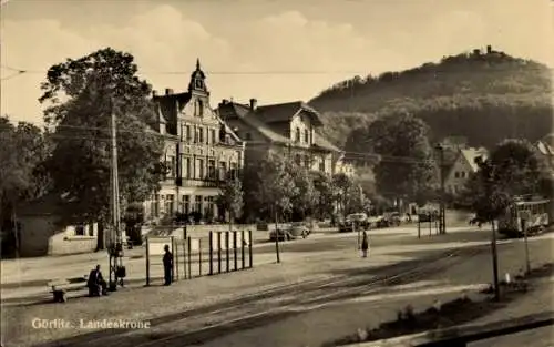 Ak Görlitz in der Lausitz, Landeskrone, Straßenbahn
